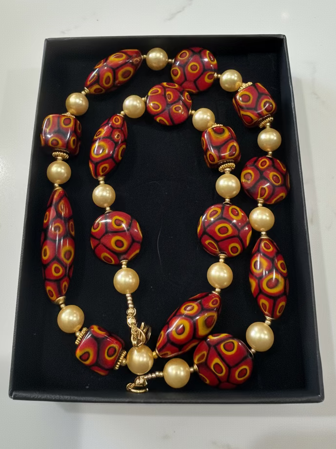 Rosario Leonardi Golden Shell Pearl With Moretti Red, Yellow & Black Beaded Necklace