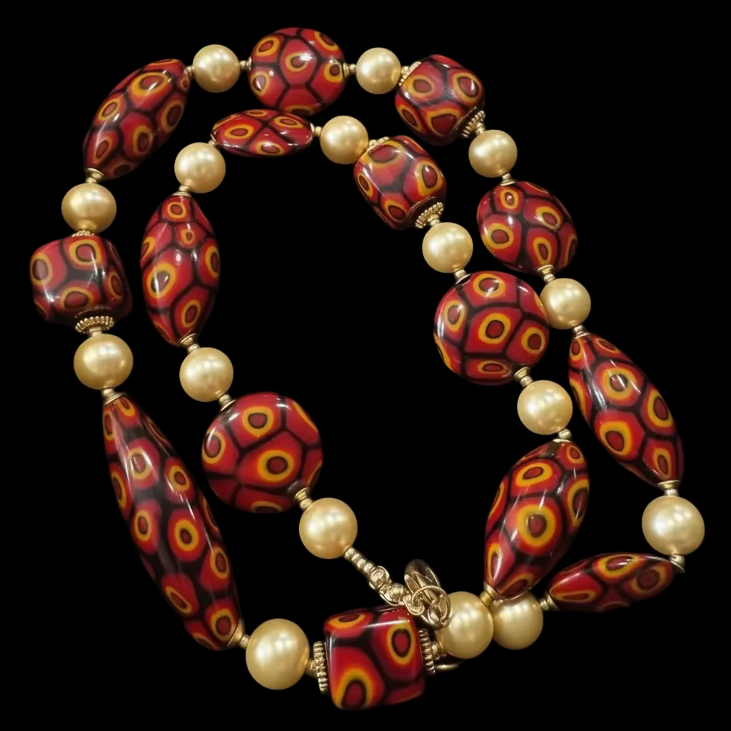 Rosario Leonardi Golden Shell Pearl With Moretti Red, Yellow & Black Beaded Necklace