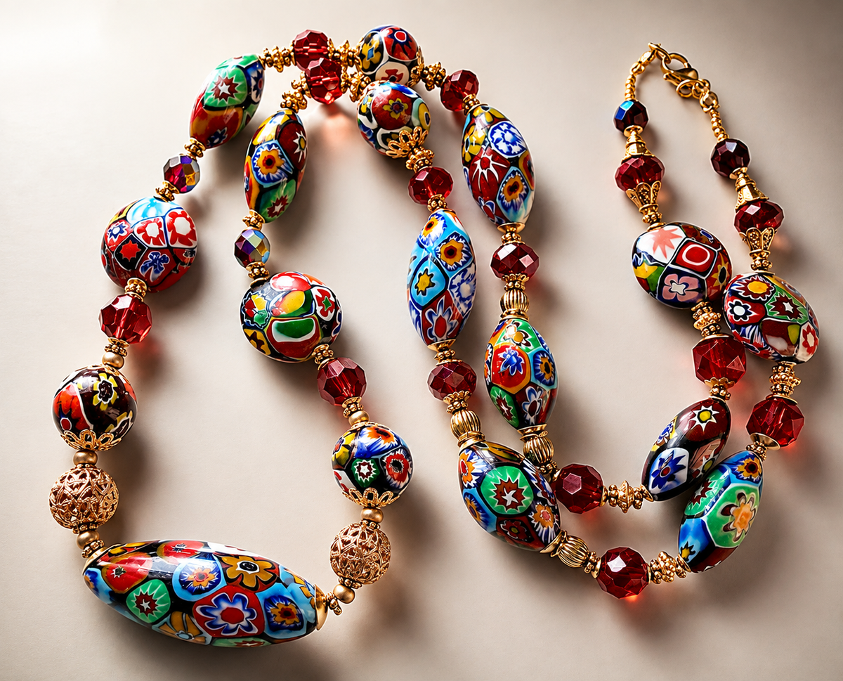 Rosario Leonardi Red Patterned Murano Millefiori Ercole Moretti Beaded Necklace-Choose your lenghti
