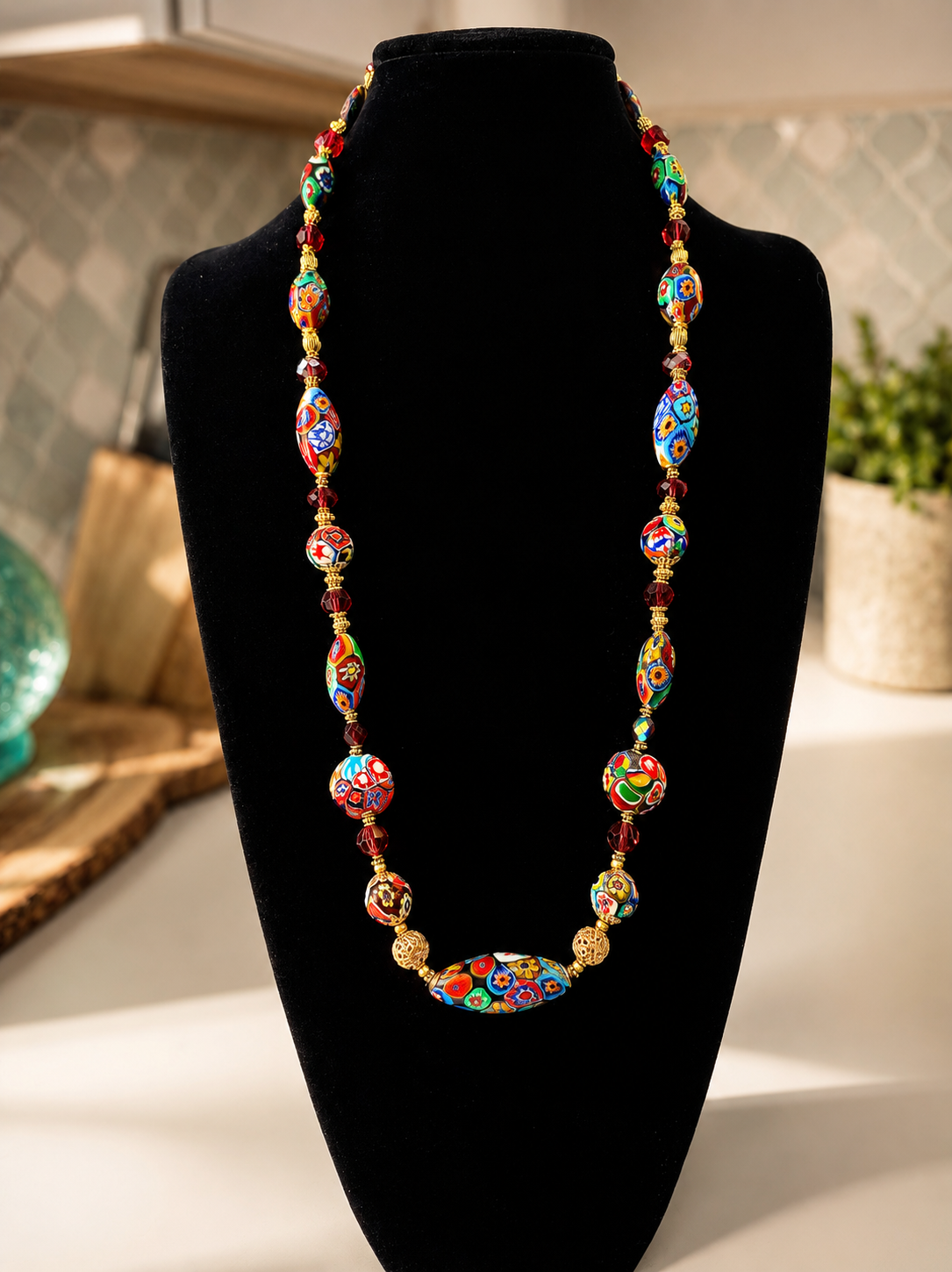 Rosario Leonardi Red Patterned Murano Millefiori Ercole Moretti Beaded Necklace-Choose your lenghti