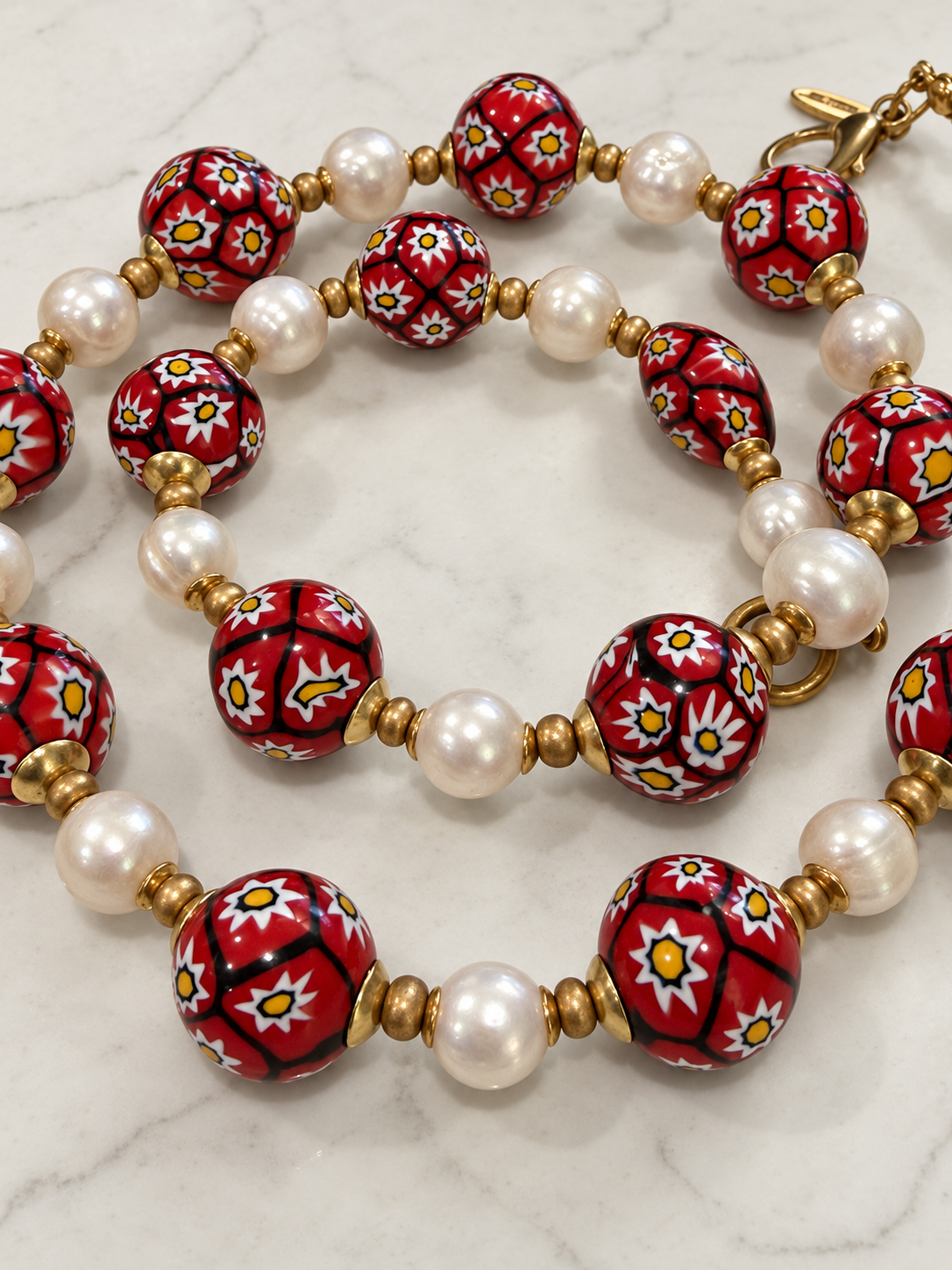 Rosario Leonardi Vintage Red & White Vintage Ercole Moretti Red & White Flowered Beads With White Freshwater Pearls 22”Necklace