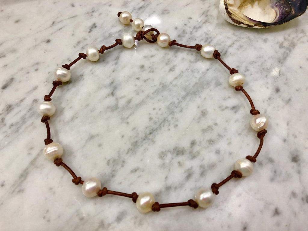 Freshwater Pearl Necklace on Brown Rolled Leather