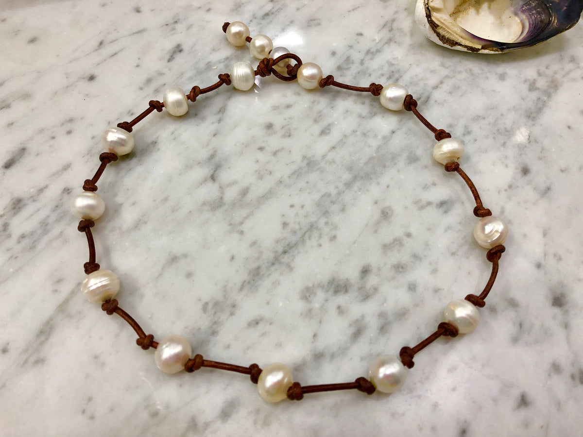 Freshwater Pearl Necklace on Brown Rolled Leather