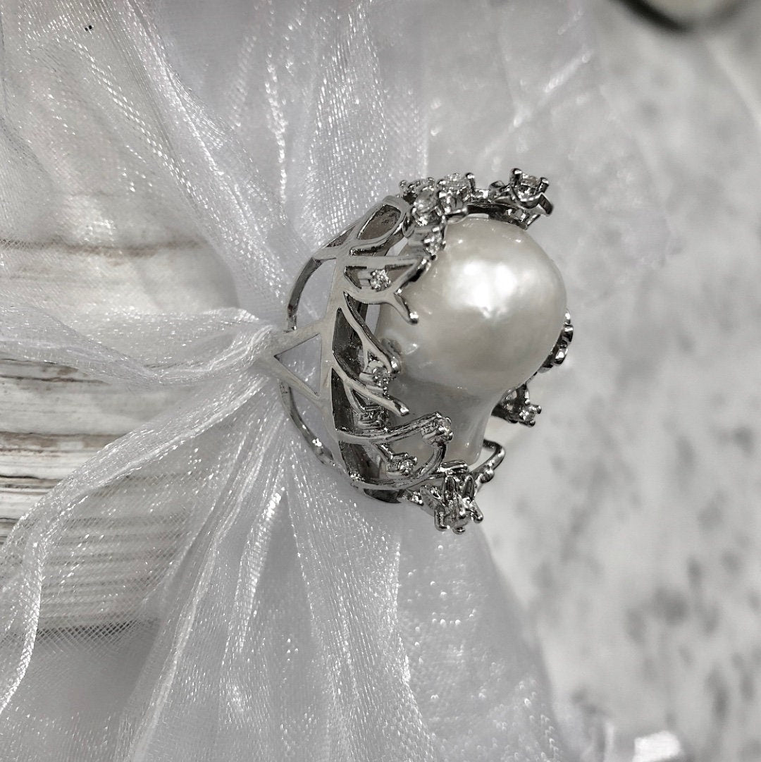 Giant Baroque Pearl Ring: 14k White or Yellow Gold Plated, Adjustable