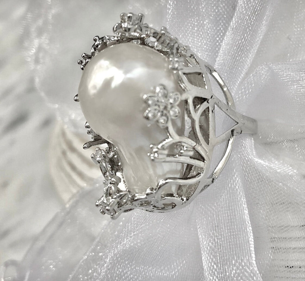 Giant Baroque Pearl Ring: 14k White or Yellow Gold Plated, Adjustable