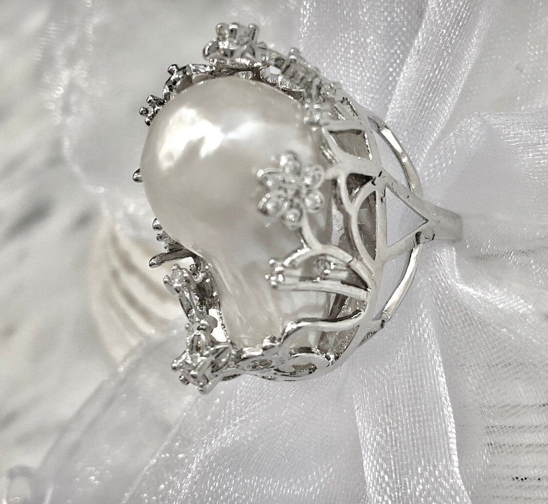 Giant Baroque Pearl Ring: 14k White or Yellow Gold Plated, Adjustable