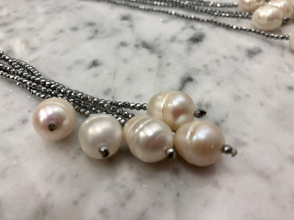 Silver or Gold Hematite Single Strand with Freshwater Pearls