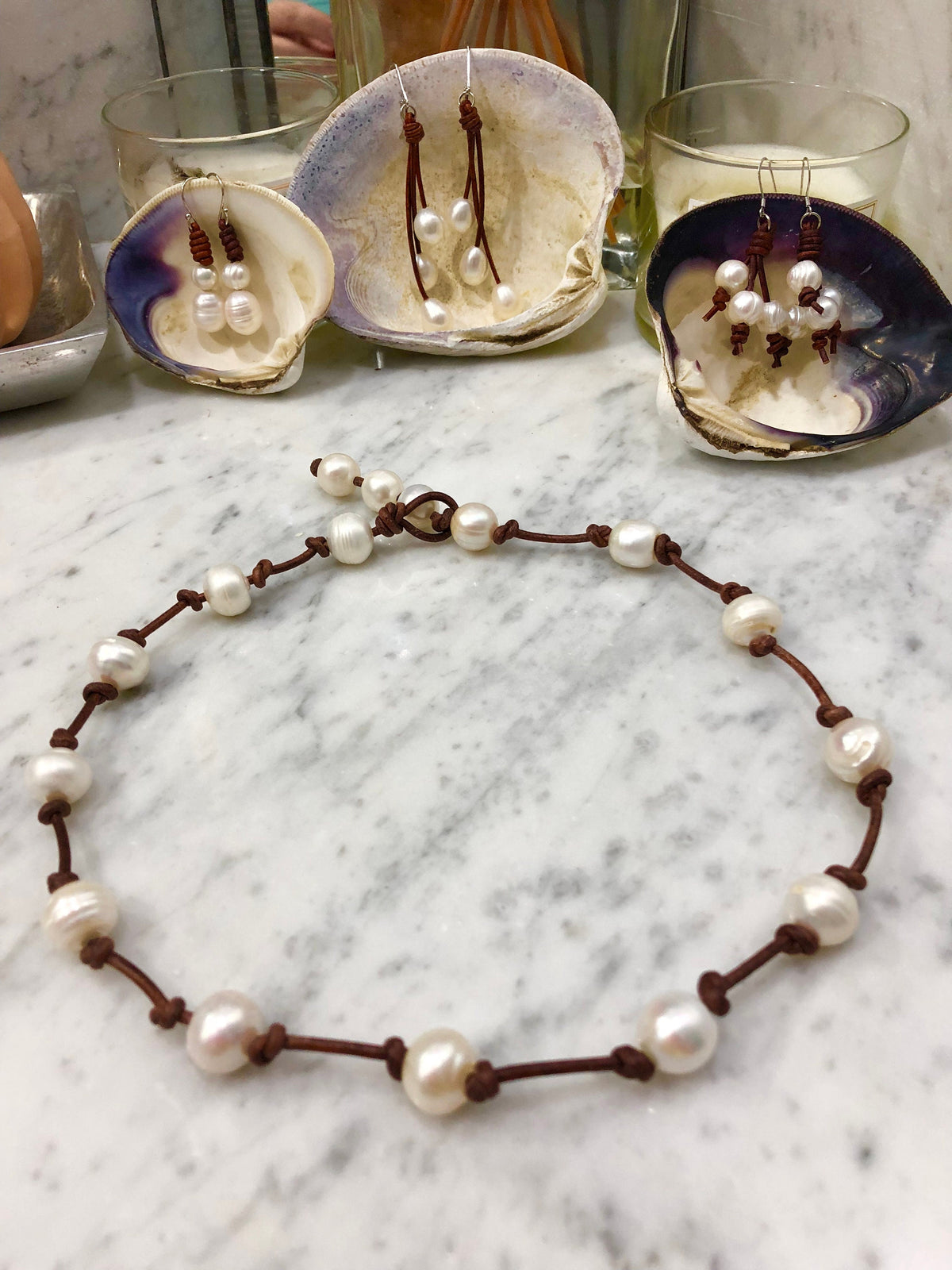 Freshwater Pearl Necklace on Brown Rolled Leather