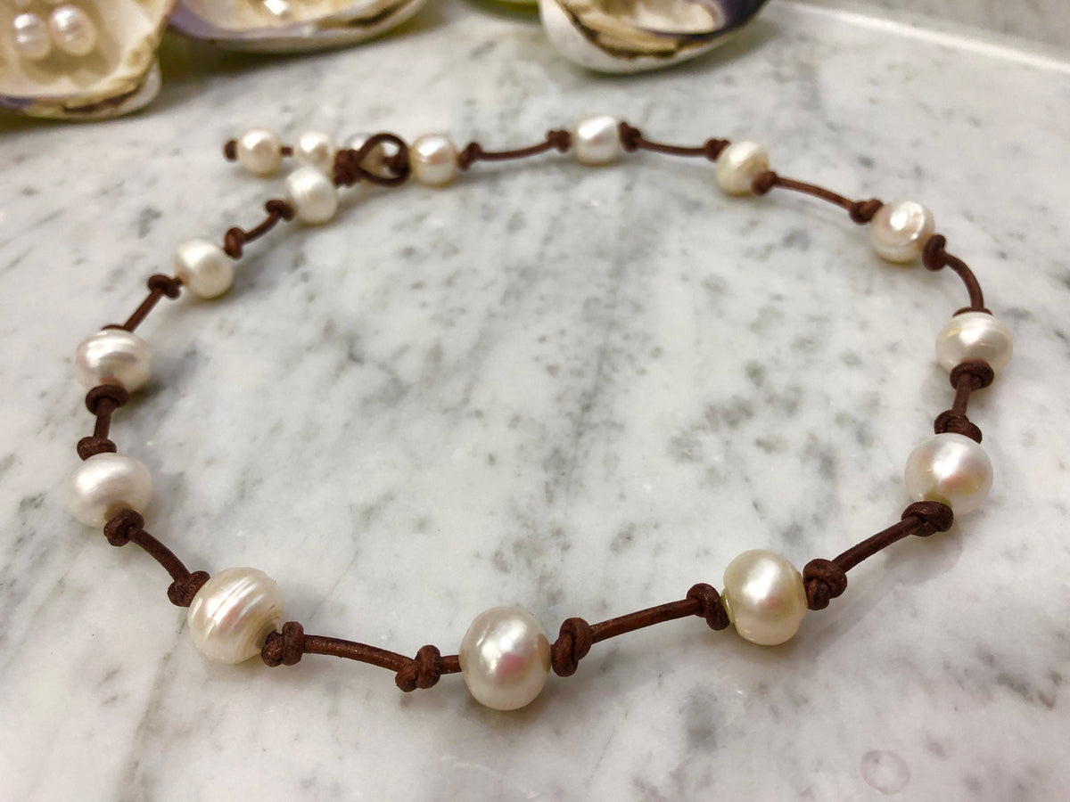 Freshwater Pearl Necklace on Brown Rolled Leather