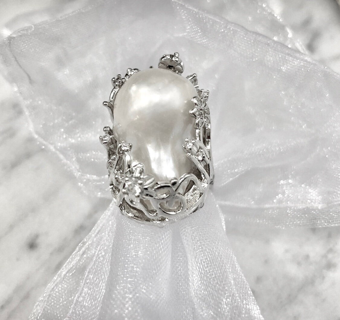 Giant Baroque Pearl Ring: 14k White or Yellow Gold Plated, Adjustable