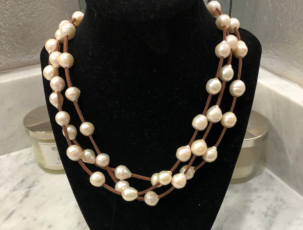 3 Strand Huge freshwater pearls on vegan suede.