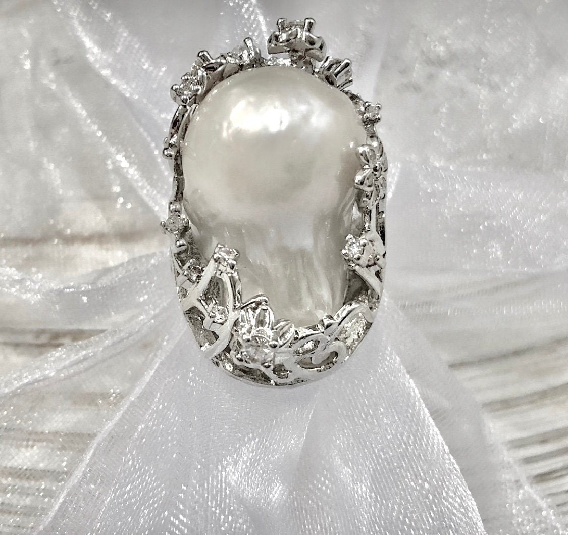 Giant Baroque Pearl Ring: 14k White or Yellow Gold Plated, Adjustable