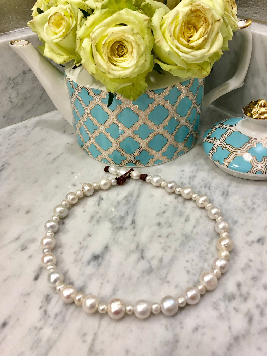 White Freshwater Pearl Necklace: Classic Brown Leather Strand