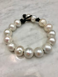 Large Iridescent White Pearl Bracelet Strung on Black Leather