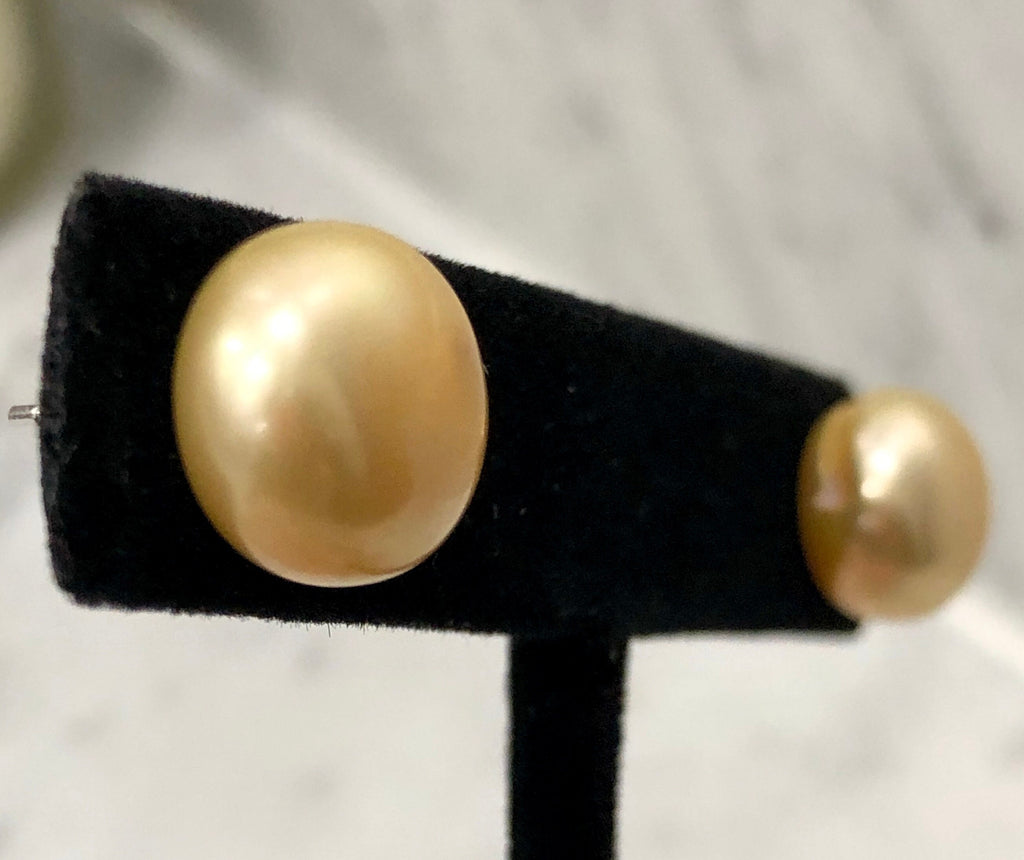 Huge 12.5mm Golden Freshwater Pearl Sterling Silver Button Earrings