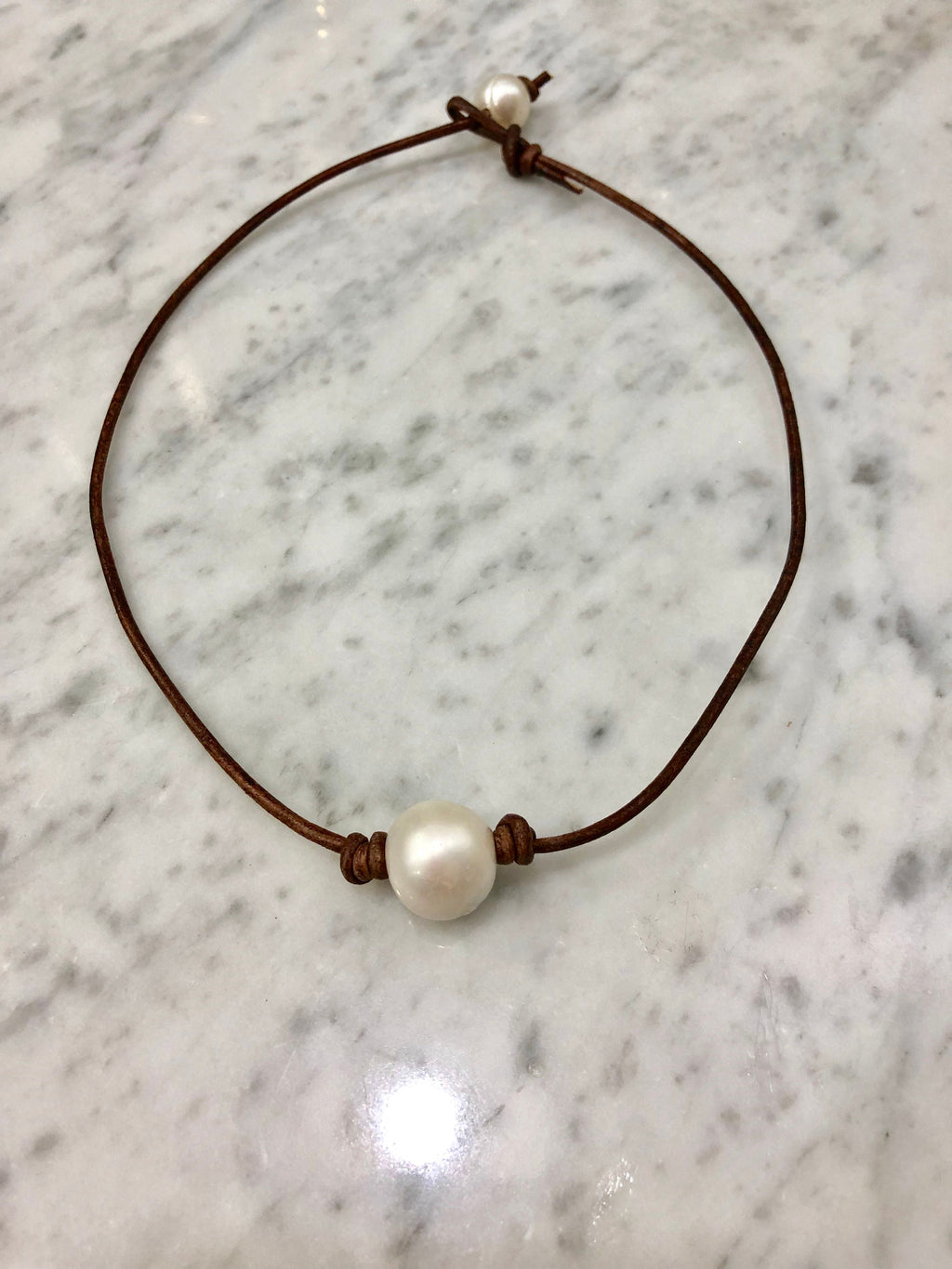 White Freshwater Pearl Strung on 2MM Brown Leather