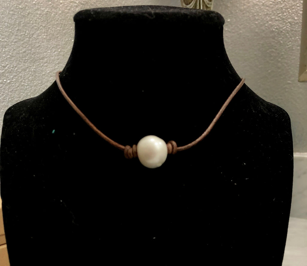 White Freshwater Pearl Strung on 2MM Brown Leather