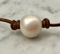 White Freshwater Pearl Strung on 2MM Brown Leather