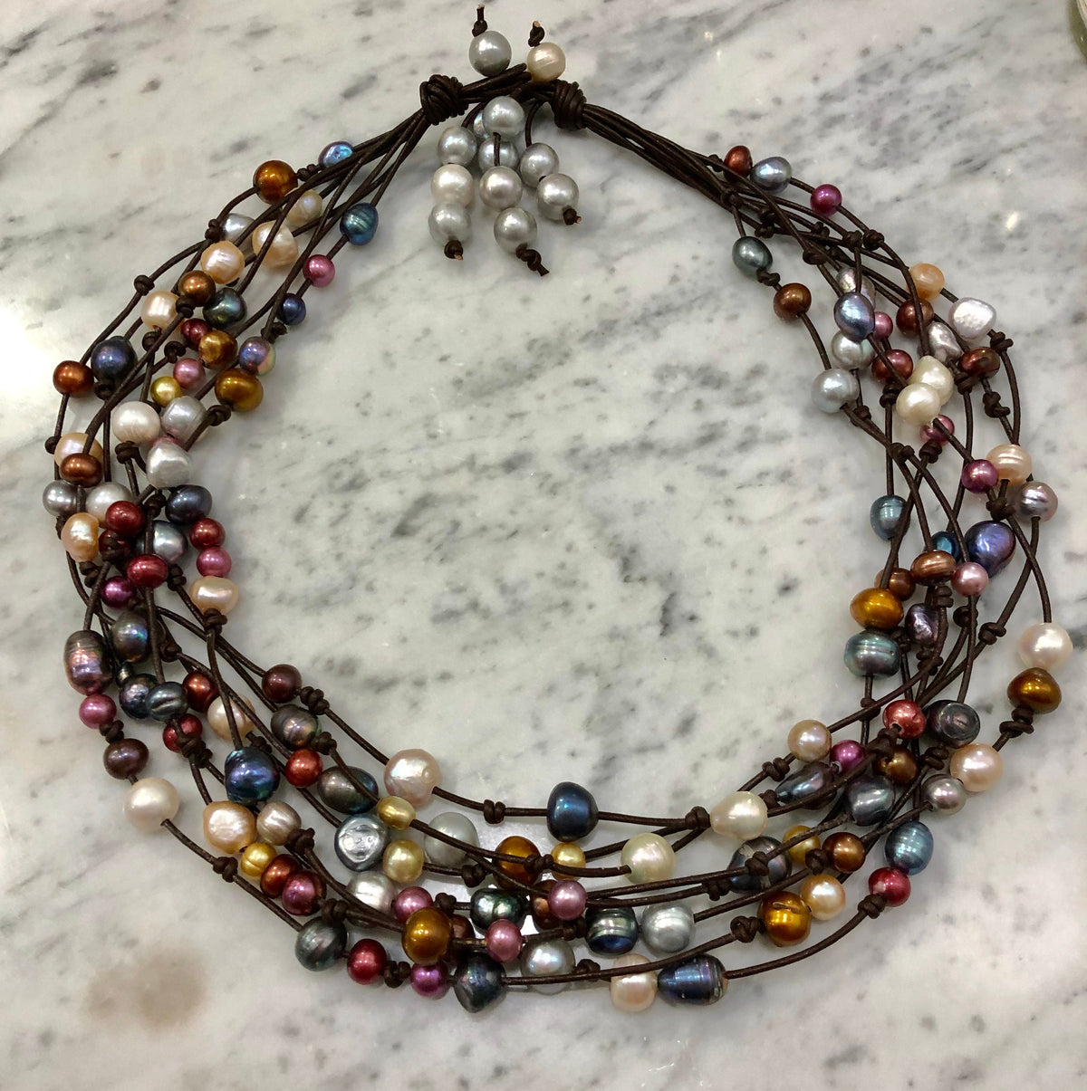 8 Strand Leather and Multicolored Freshwater Pearl Necklace