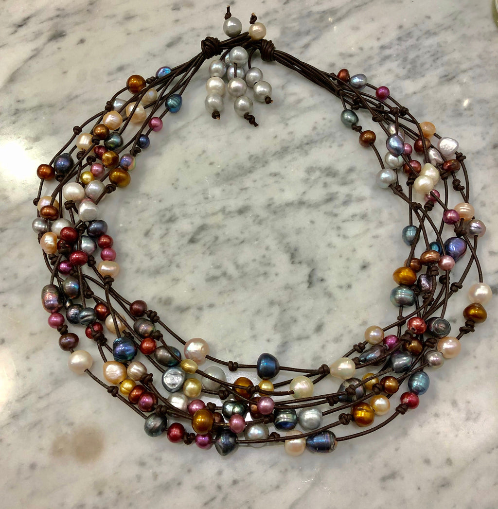 8 Strand Leather and Multicolored Freshwater Pearl Necklace
