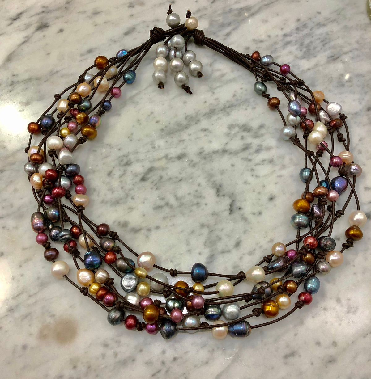 8 Strand Leather and Multicolored Freshwater Pearl Necklace