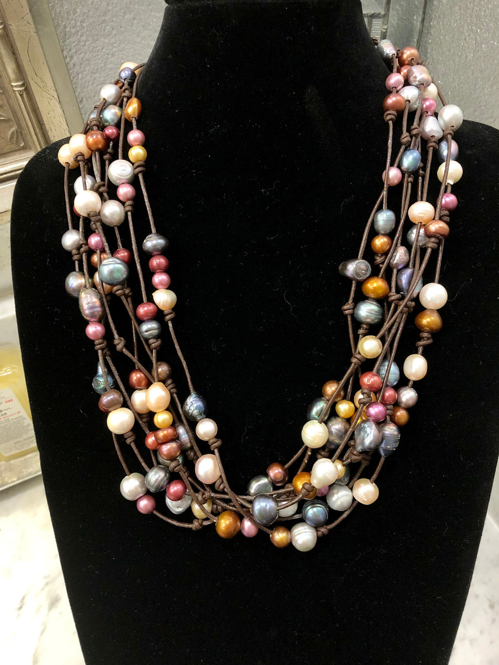 8 Strand Leather and Multicolored Freshwater Pearl Necklace