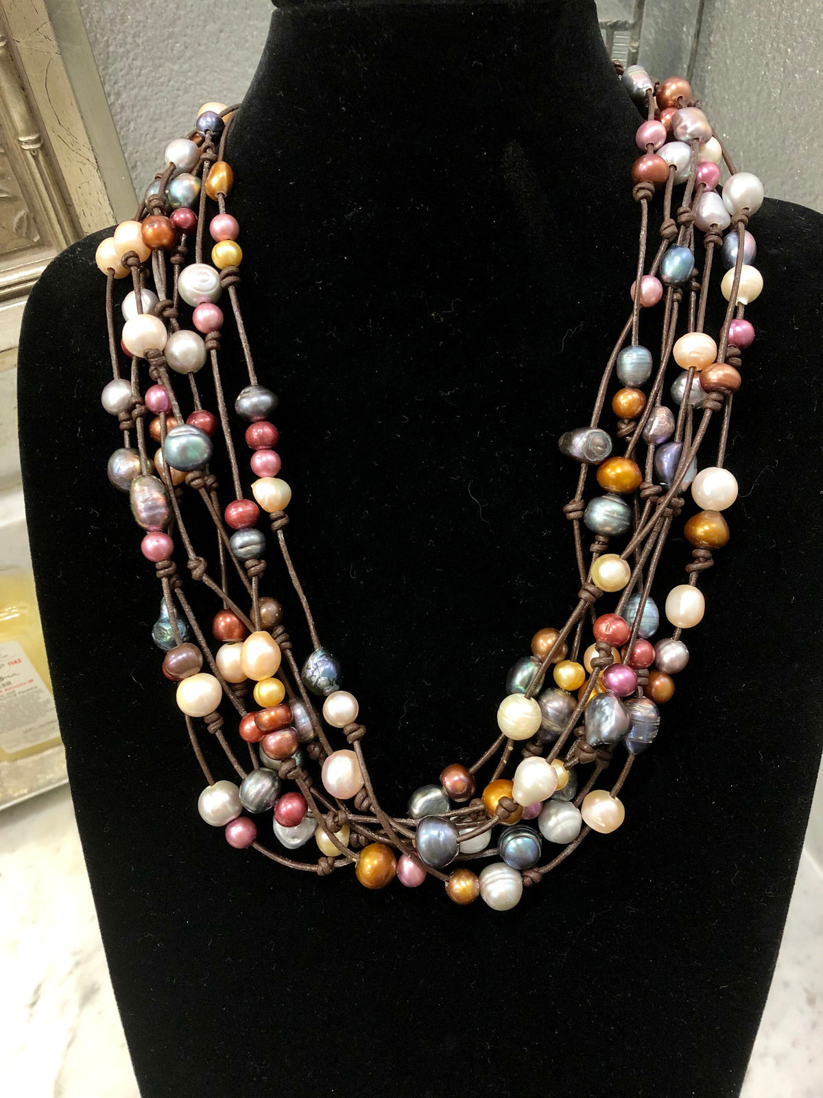 8 Strand Leather and Multicolored Freshwater Pearl Necklace