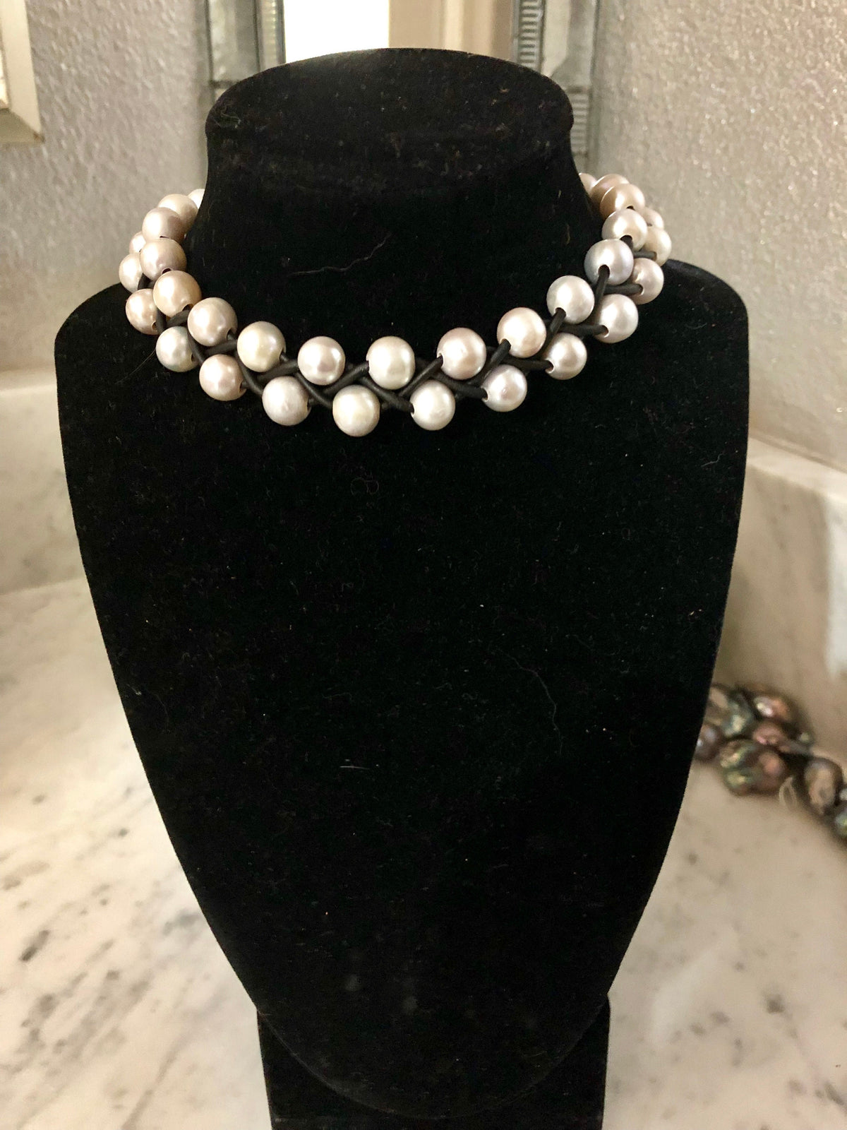 White Freshwater Pearl Choker on Black Leather