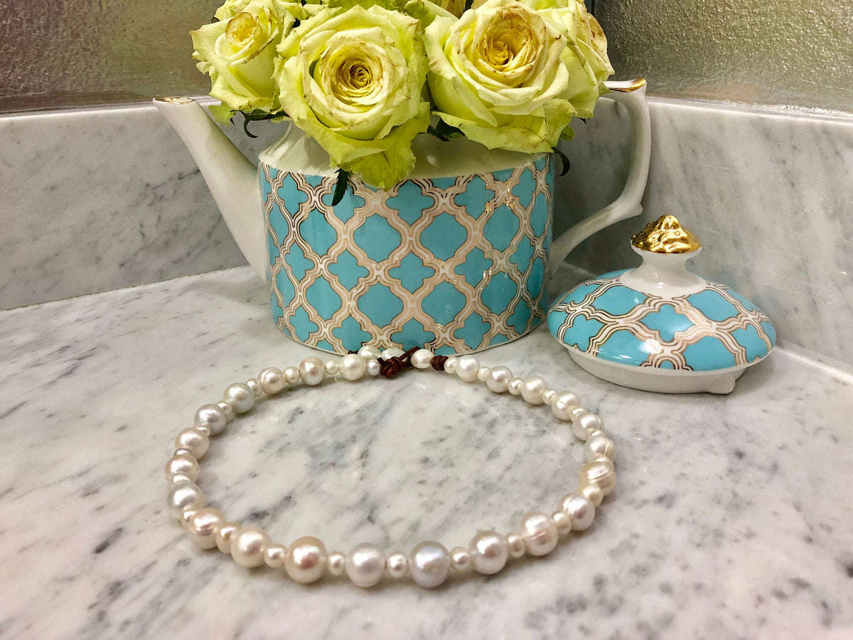 White Freshwater Pearl Necklace: Classic Brown Leather Strand
