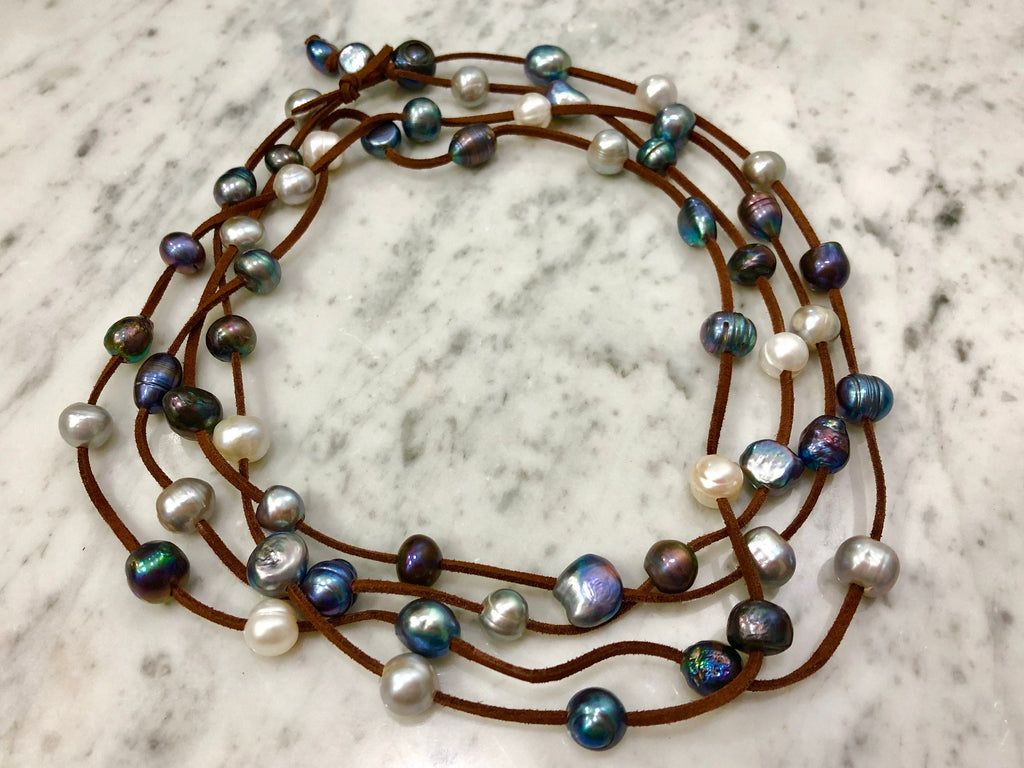 Extra Long Vegan Suede, Silver and Blue Peacock Pearl Necklace