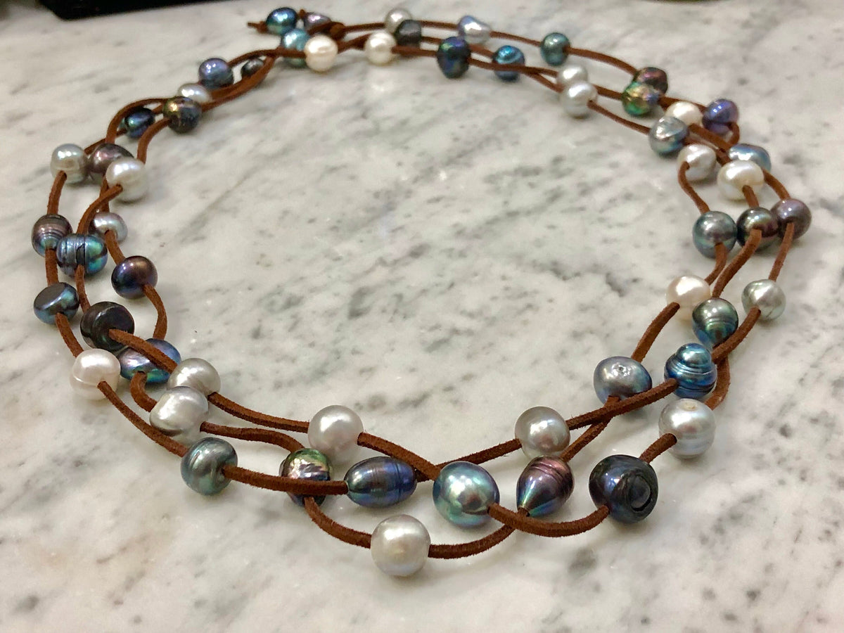 Extra Long Vegan Suede, Silver and Blue Peacock Pearl Necklace