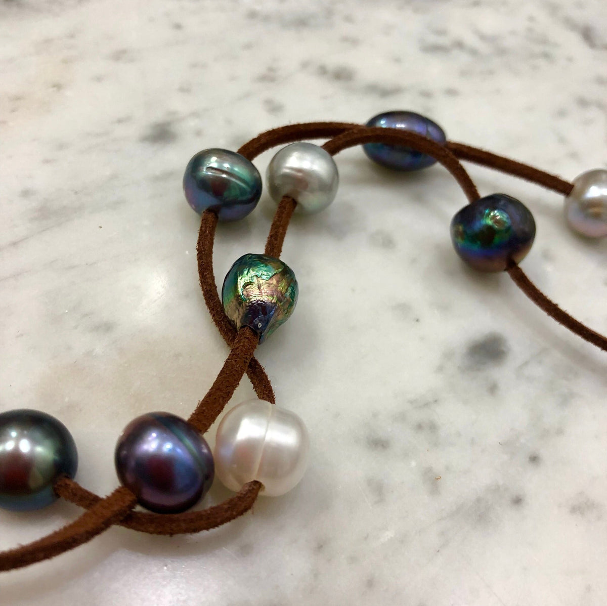 Extra Long Vegan Suede, Silver and Blue Peacock Pearl Necklace
