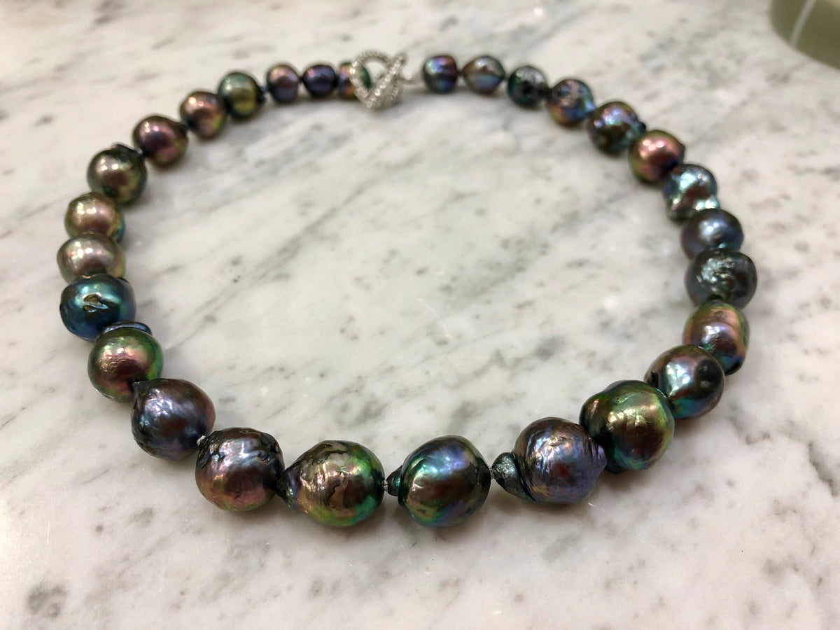 Iridescent Peacock Pearl Necklace: Blue-Green Fireball Pearl, 16”
