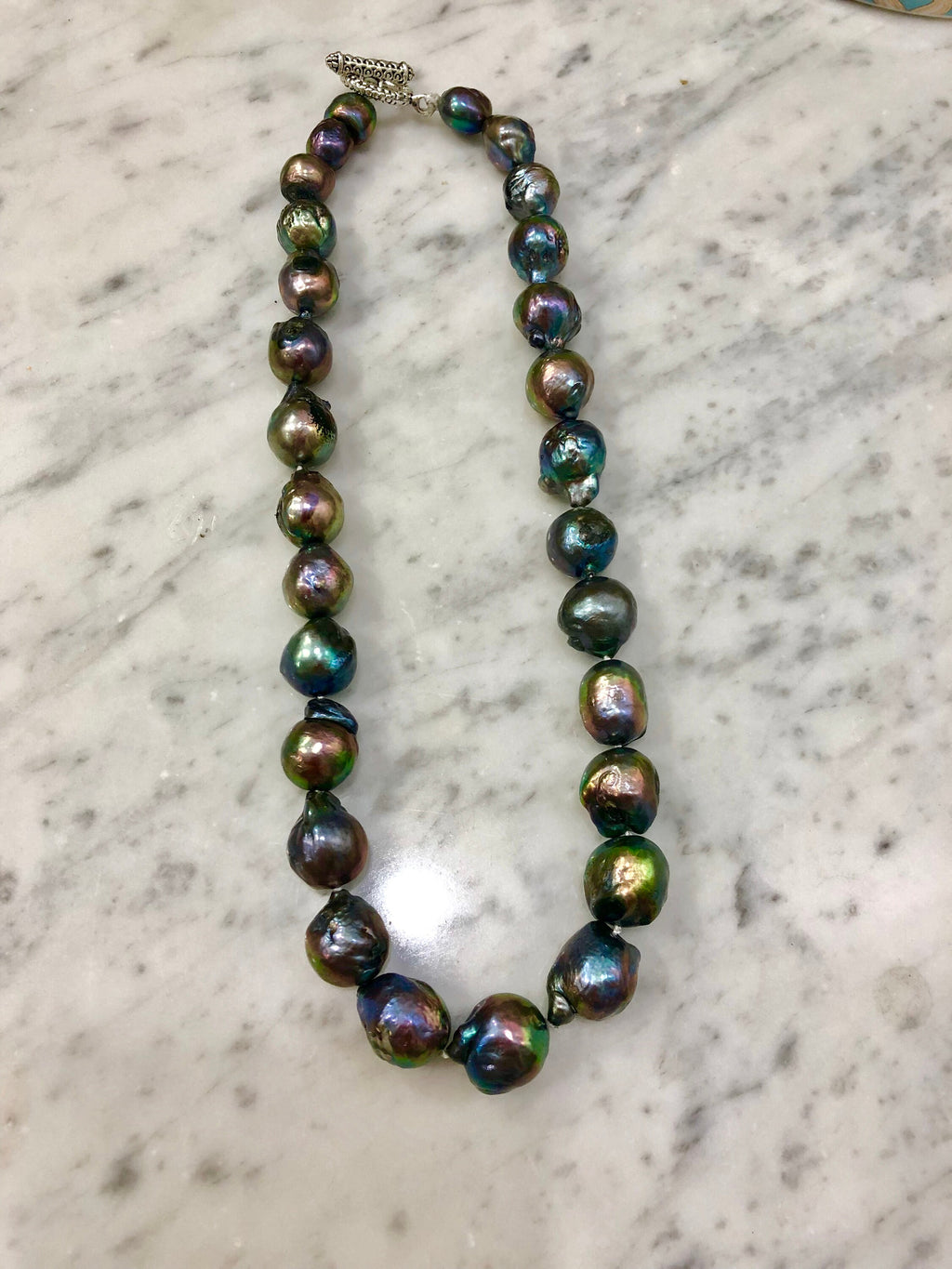Iridescent Peacock Pearl Necklace: Blue-Green Fireball Pearl, 16”
