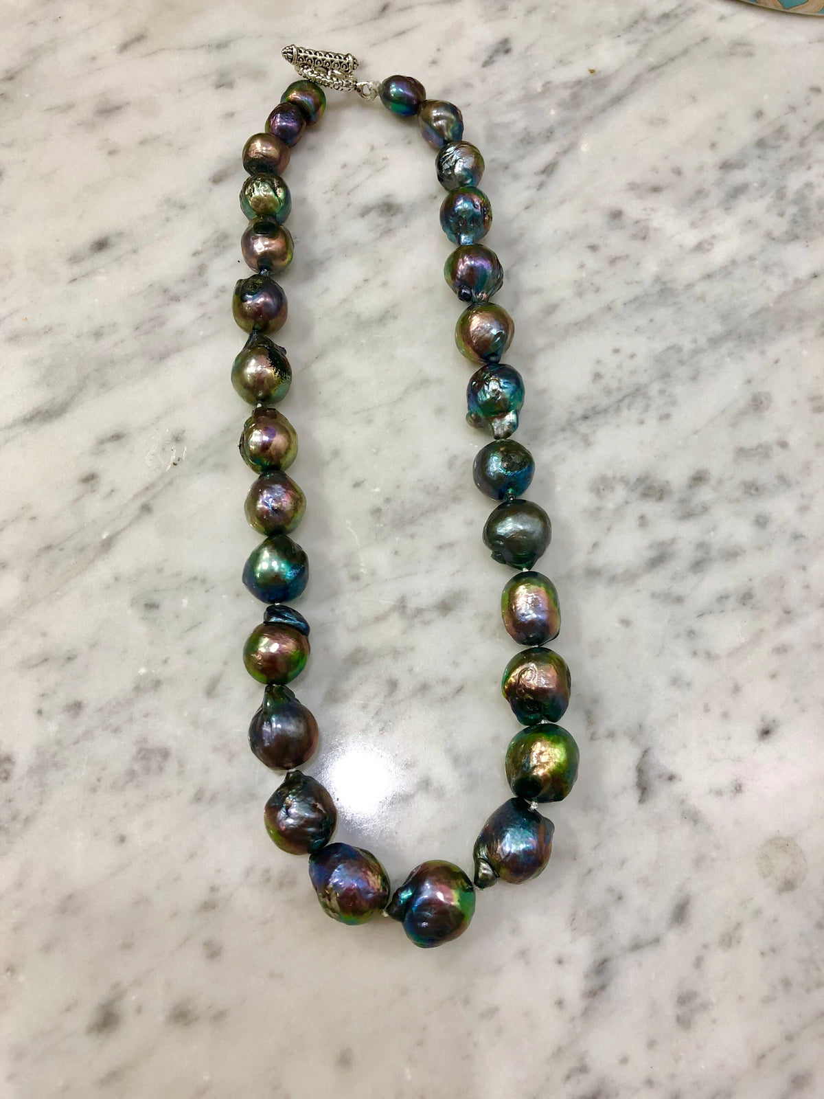 Iridescent Peacock Pearl Necklace: Blue-Green Fireball Pearl, 16”