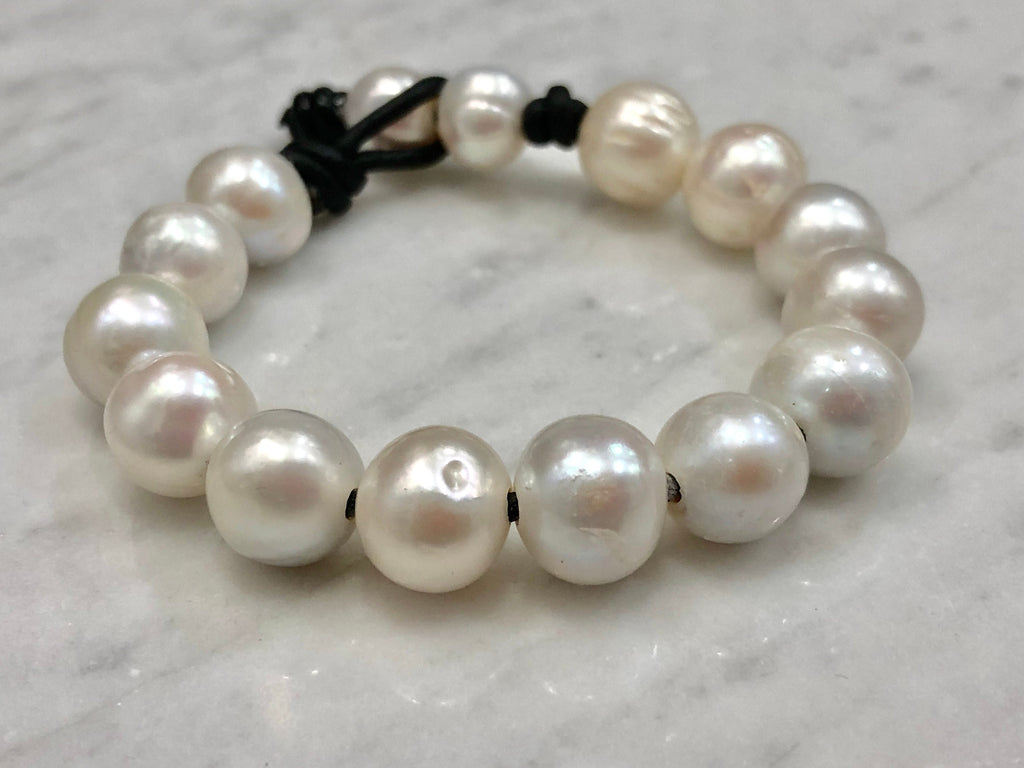 Large Iridescent White Pearl Bracelet Strung on Black Leather