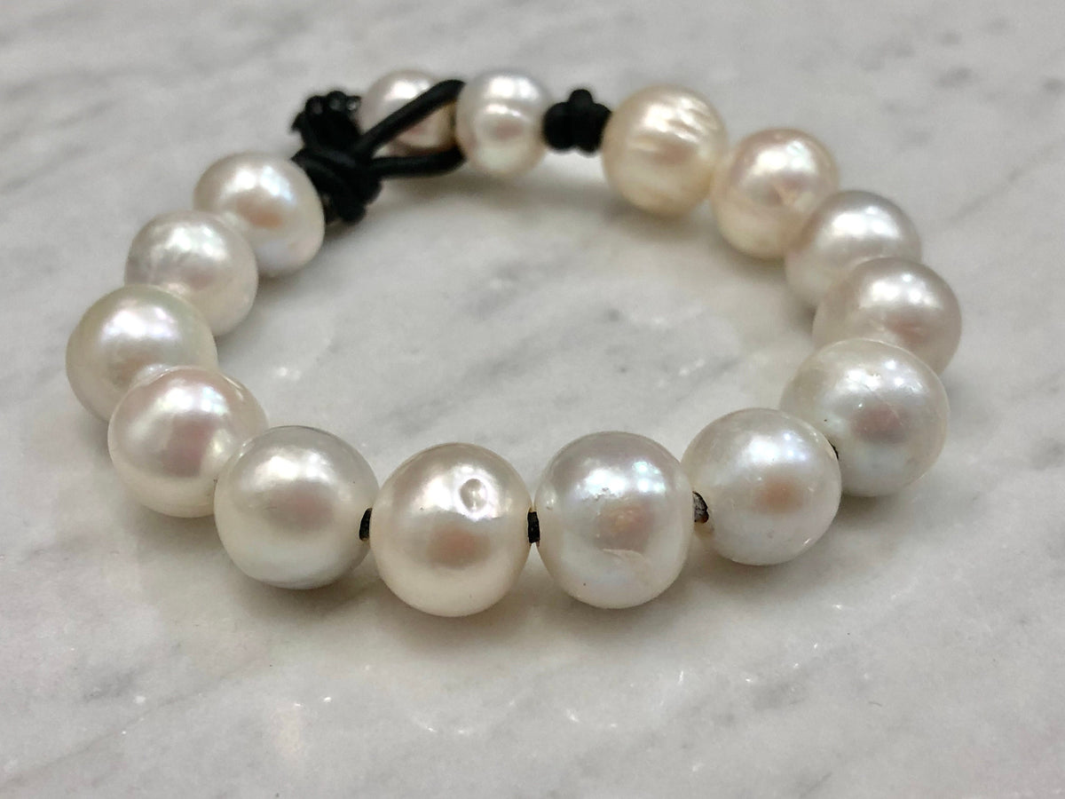 Large Iridescent White Pearl Bracelet Strung on Black Leather
