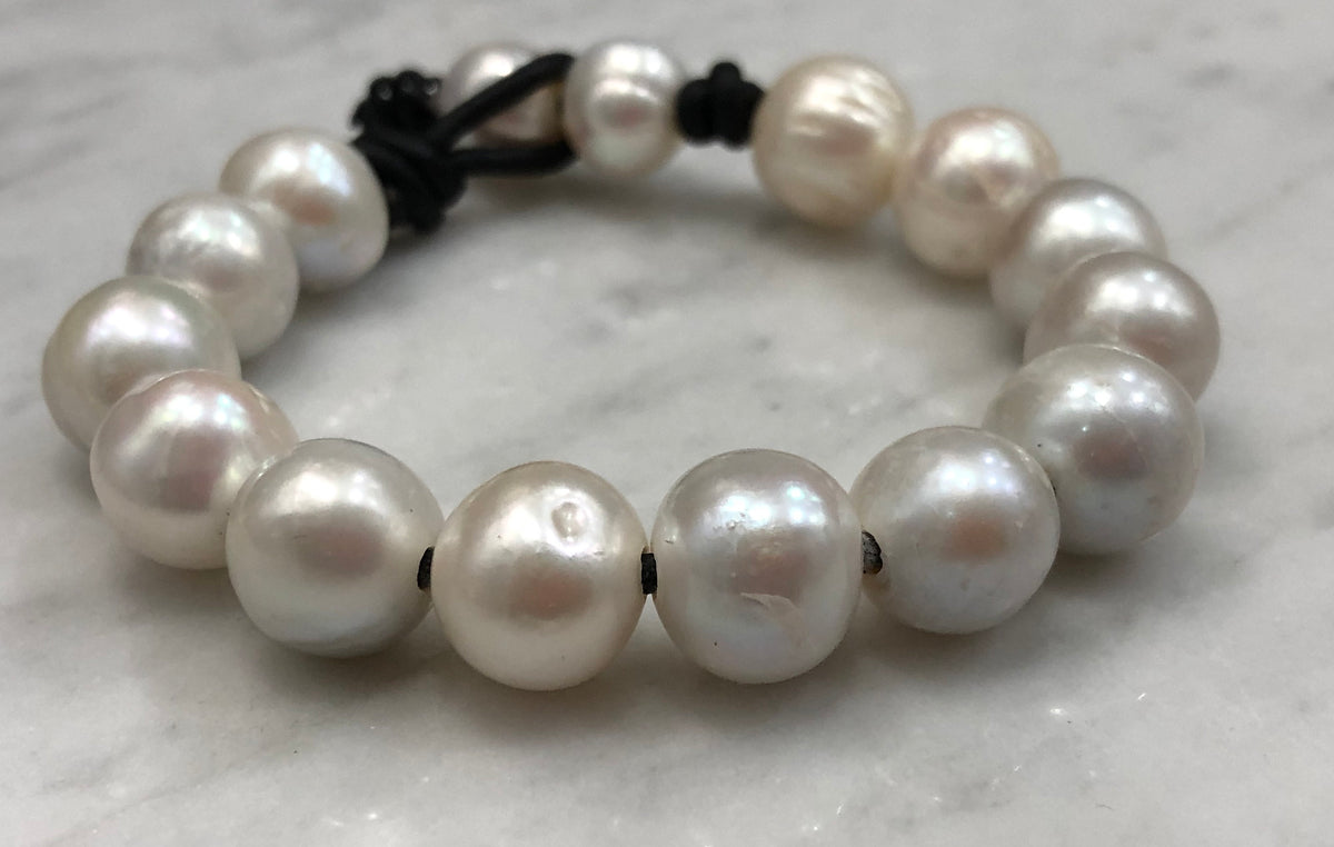 Large Iridescent White Pearl Bracelet Strung on Black Leather