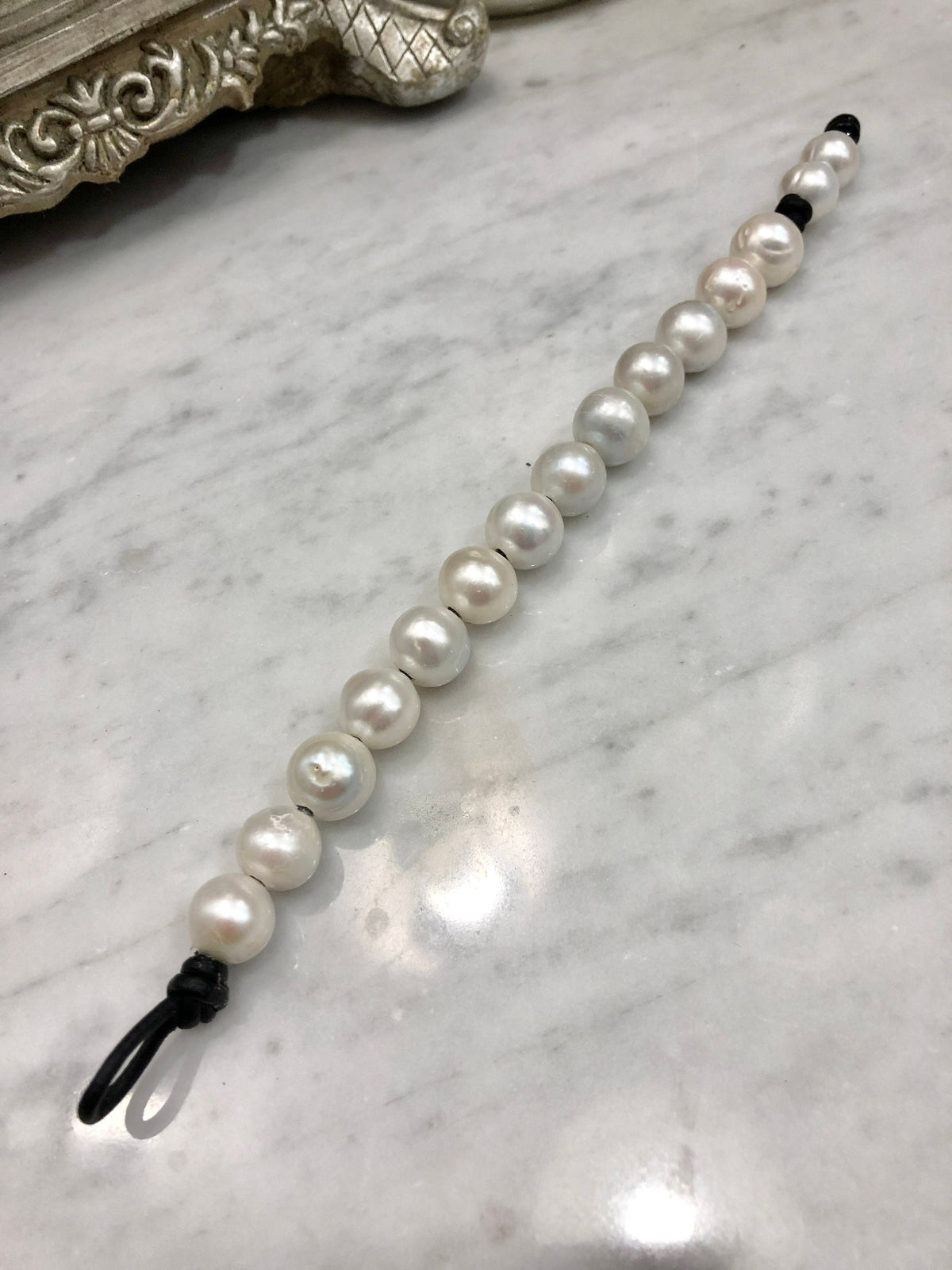 Large Iridescent White Pearl Bracelet Strung on Black Leather