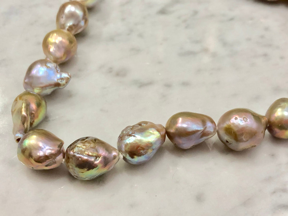 Iridescent Lavender and Gold Fireball Pearl Necklace with Silver Toggle Closure