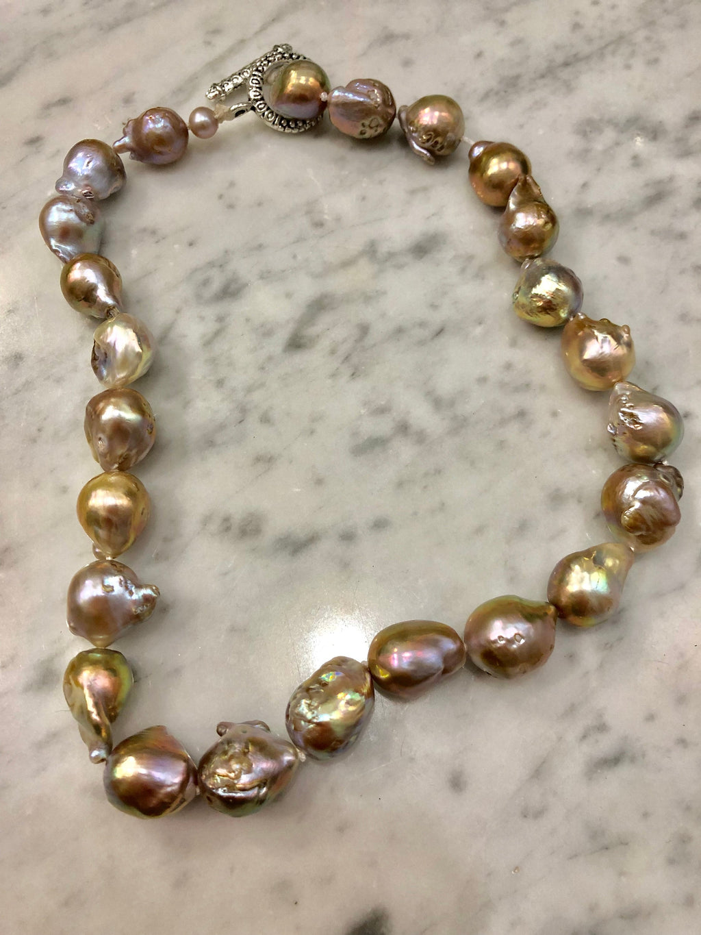Iridescent Lavender and Gold Fireball Pearl Necklace with Silver Toggle Closure