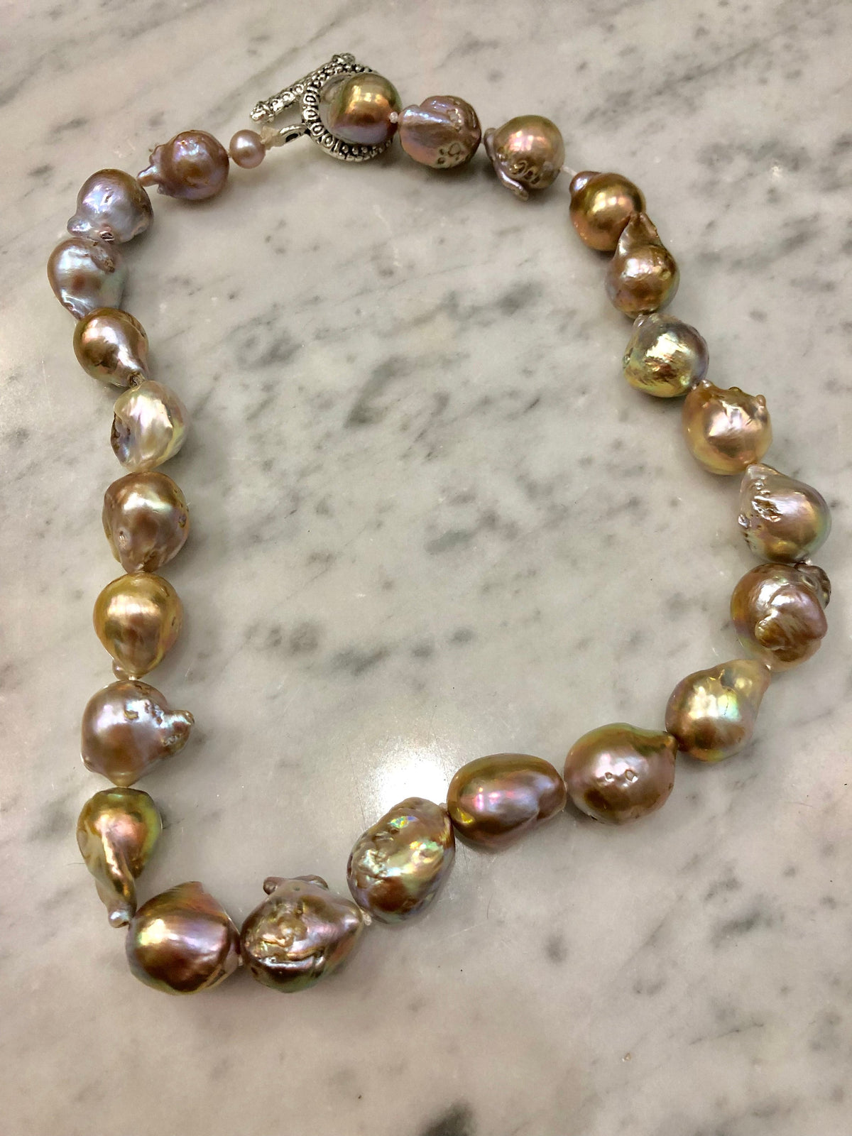 Iridescent Lavender and Gold Fireball Pearl Necklace with Silver Toggle Closure