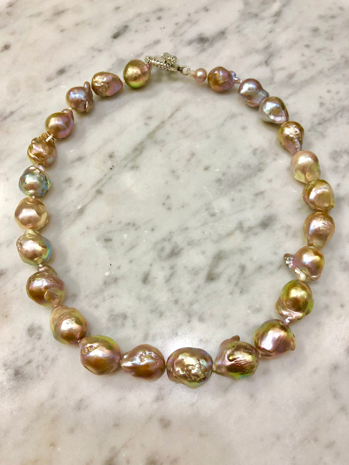 Iridescent Lavender and Gold Fireball Pearl Necklace with Silver Toggle Closure