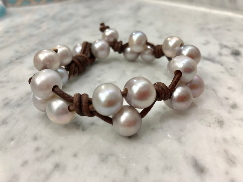 Silver Pearl and Leather Bracelet