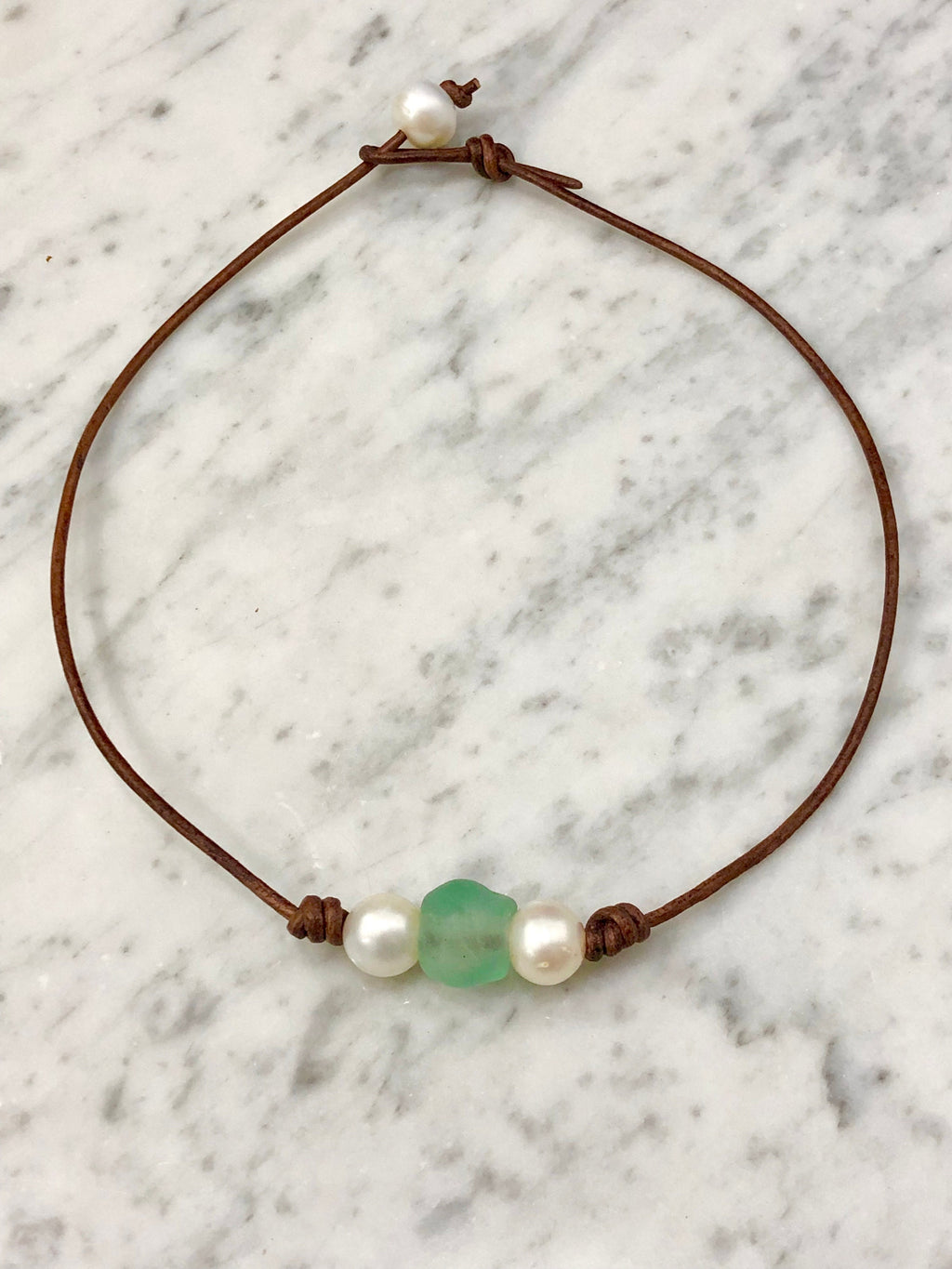 Seafoam Green Seaglass and White Freshwater Pearl Necklace
