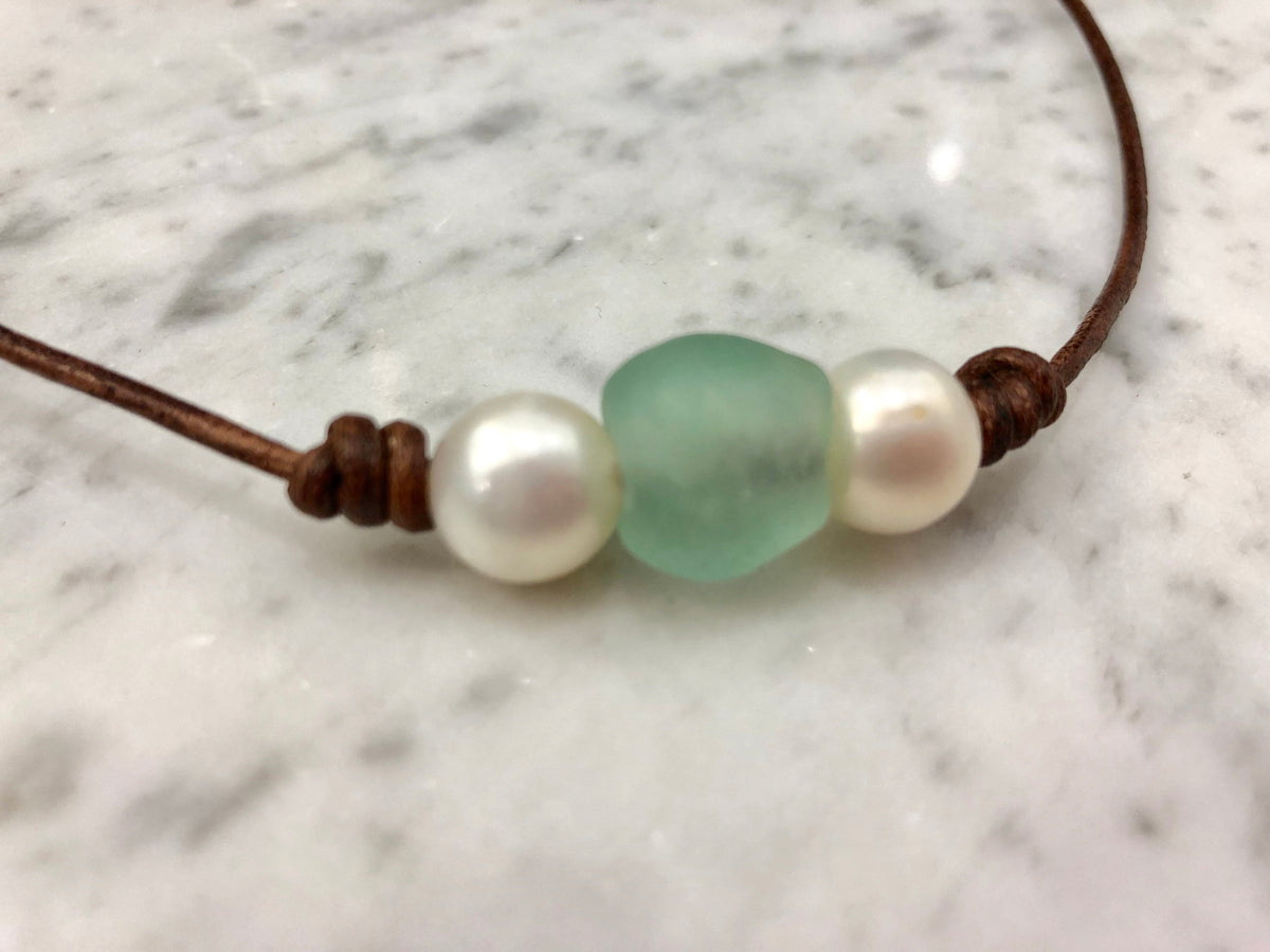 Seafoam Green Seaglass and White Freshwater Pearl Necklace