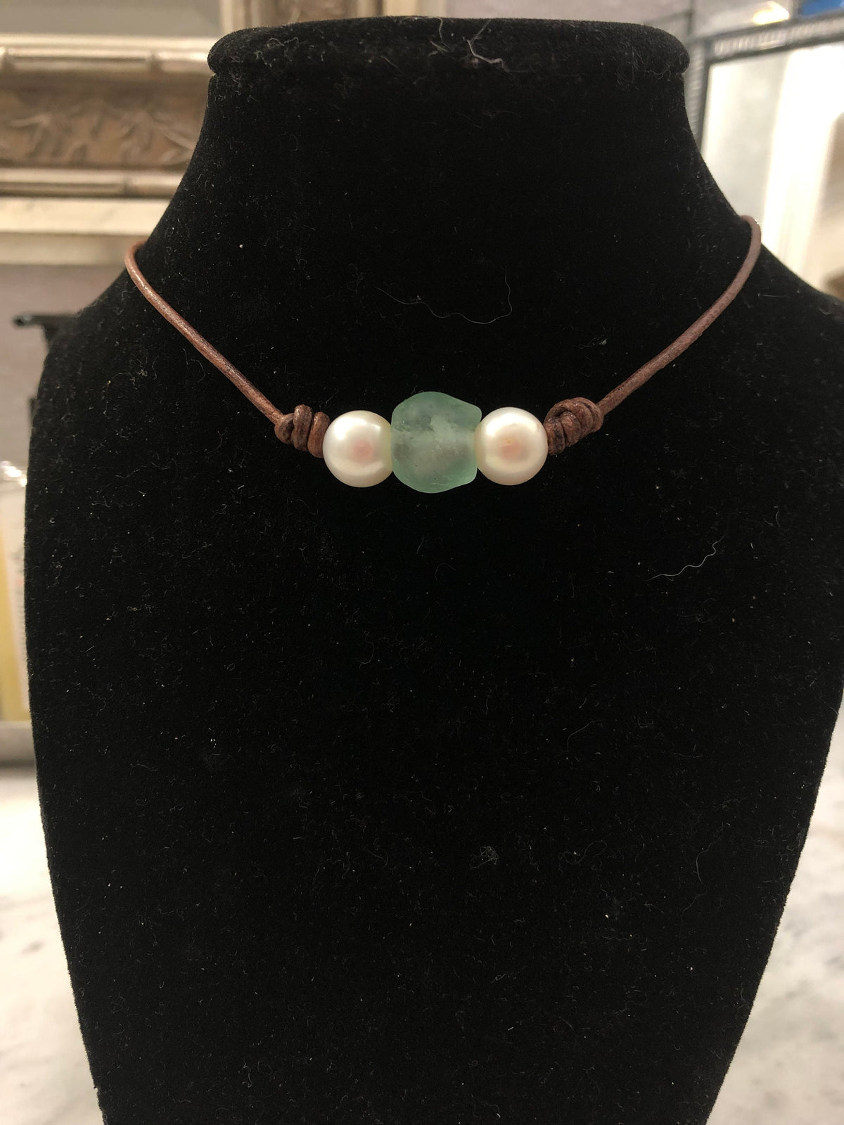 Seafoam Green Seaglass and White Freshwater Pearl Necklace