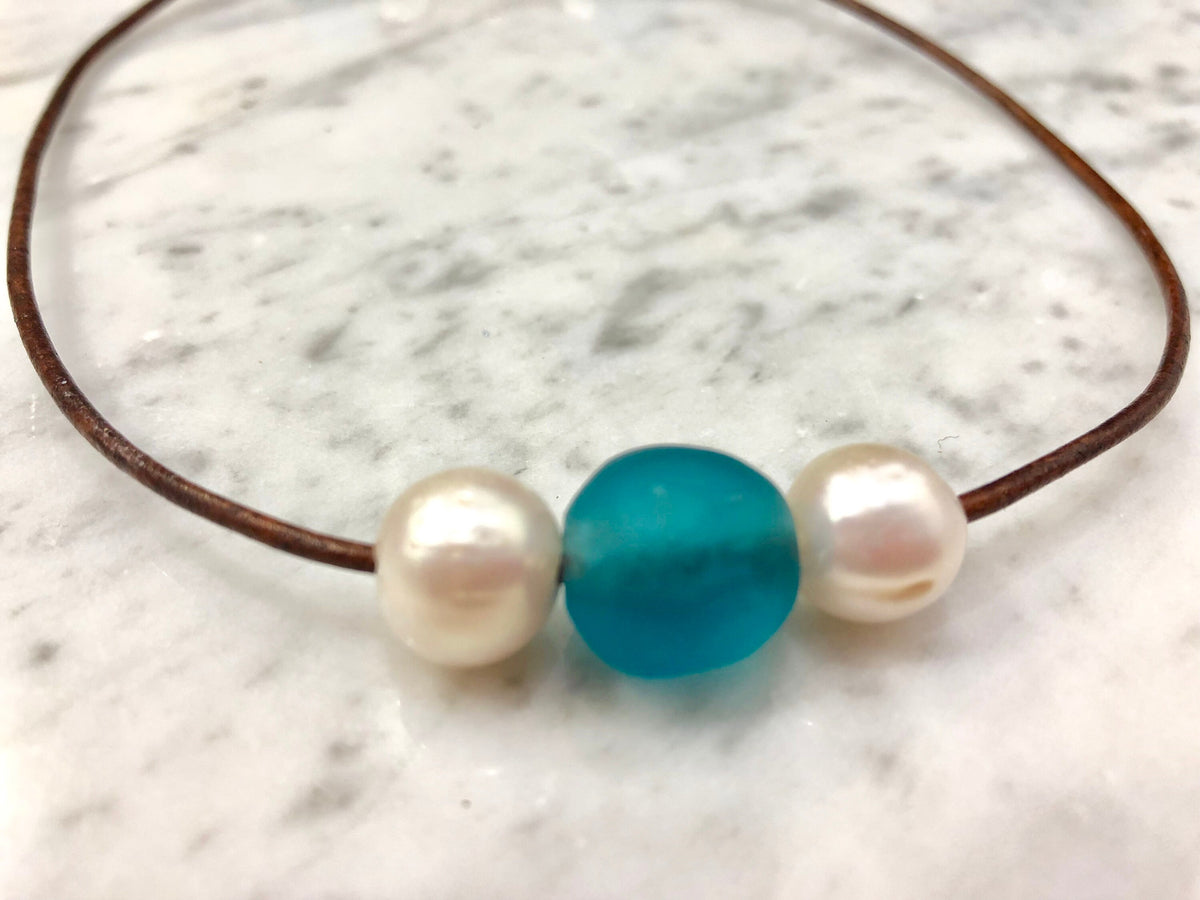 Aqua Seaglass with Freshwater White Pearls Strung on Brown Rolled Leather