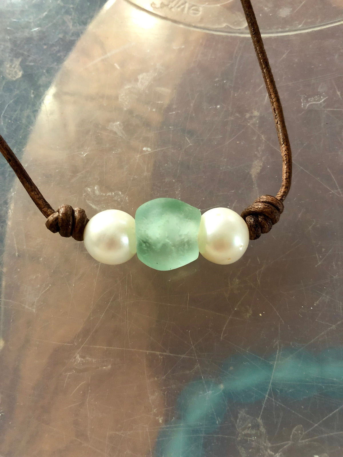 Seafoam Green Seaglass and White Freshwater Pearl Necklace
