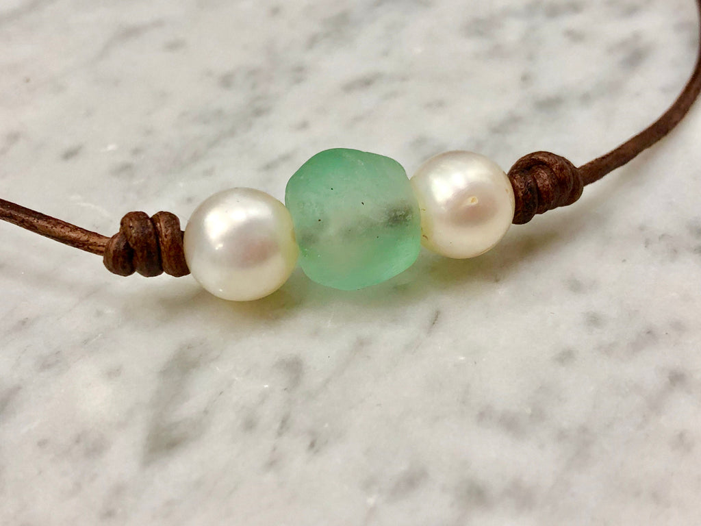 Seafoam Green Seaglass and White Freshwater Pearl Necklace